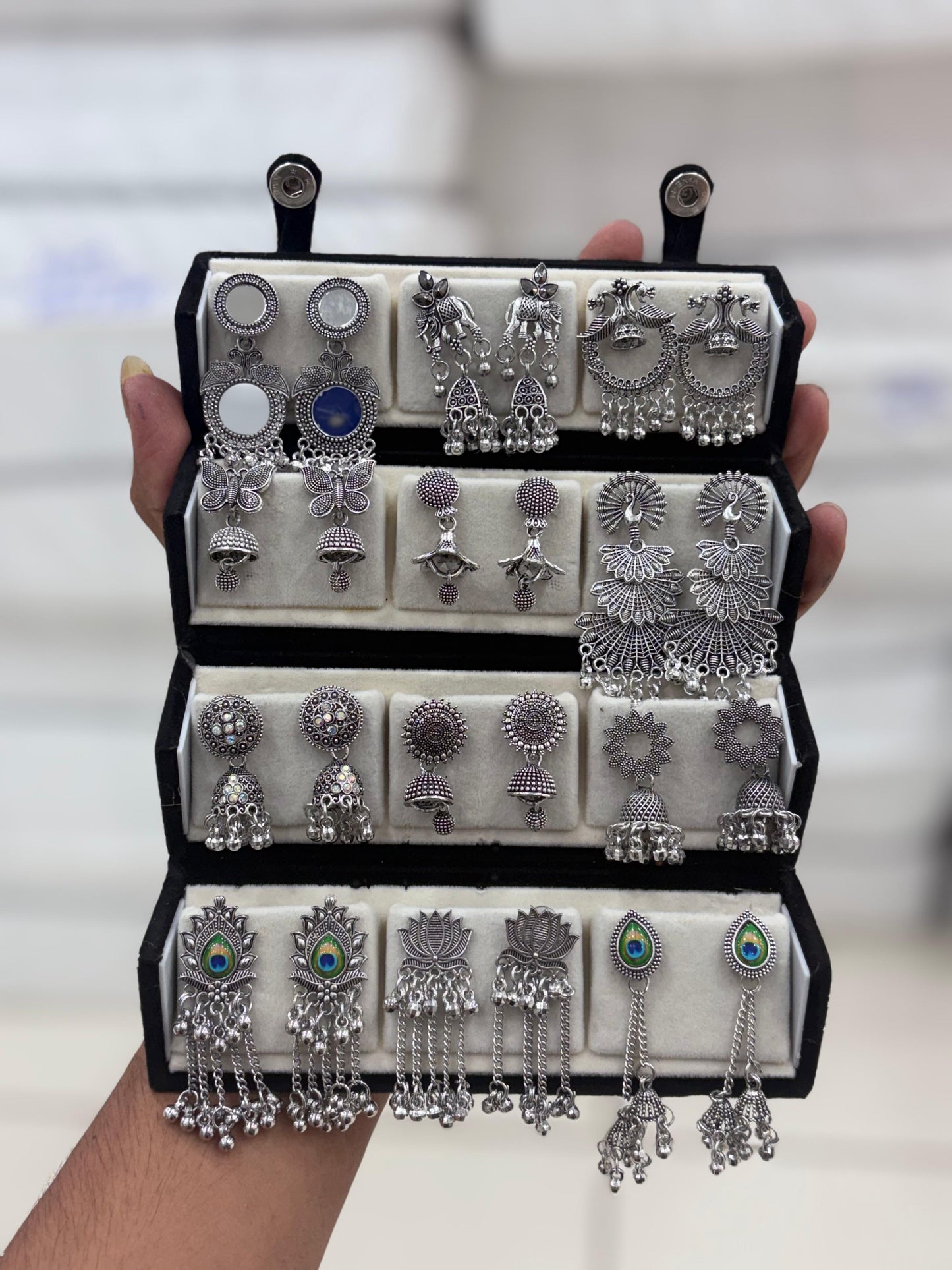 Traditional Oxidised Jhumka Gift Box — Set of 12 Handcrafted Silver-Tone Earrings | Premium Velvet Box Included