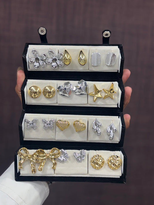 Korean Earrings Gift Box — Set of 12 Trendy Gold & Silver Studs | Aesthetic Jewellery Gift with Premium Velvet Box