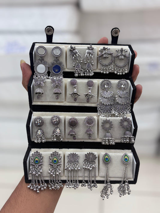 Traditional Oxidised Jhumka Gift Box — Set of 12 Handcrafted Silver-Tone Earrings | Premium Velvet Box Included